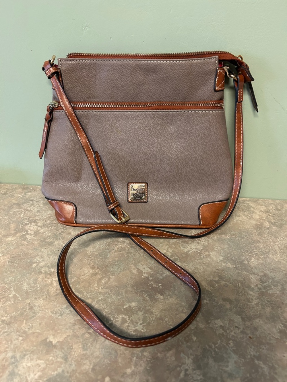 Dooney & Bourke Gray Pebble Leather Crossbody with Brown Trim